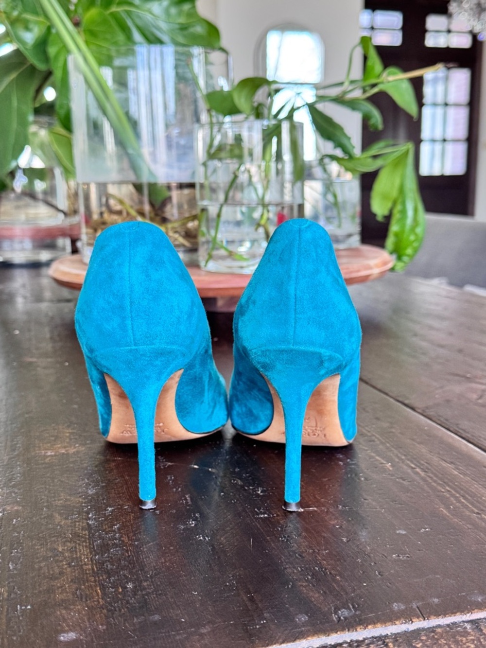 Turquoise Suede Pointed-T High Heels - Women's Dress Pumps - Picture 5 of 6